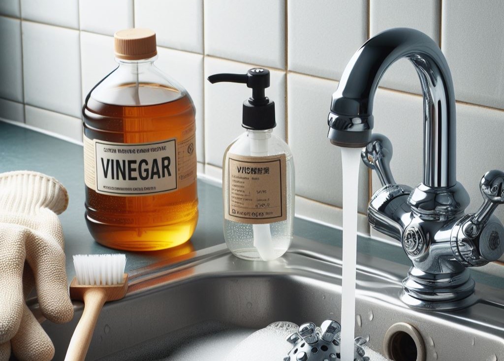 A sparkling faucet being scrubbed with vinegar, showcasing the effectiveness of this natural cleaning solution in banishing grime and restoring shine.